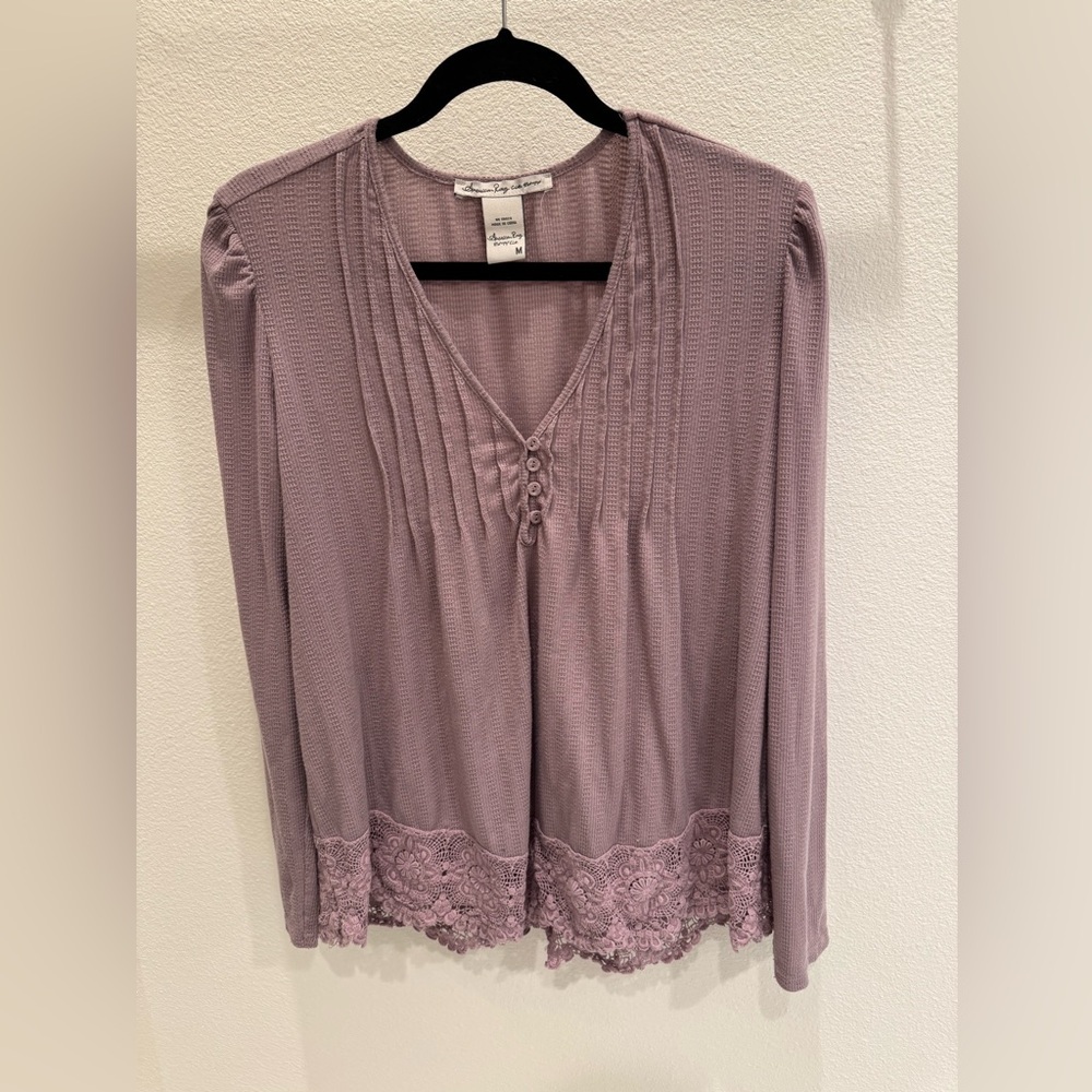American Rag Mauve Lace Trim Blouse
